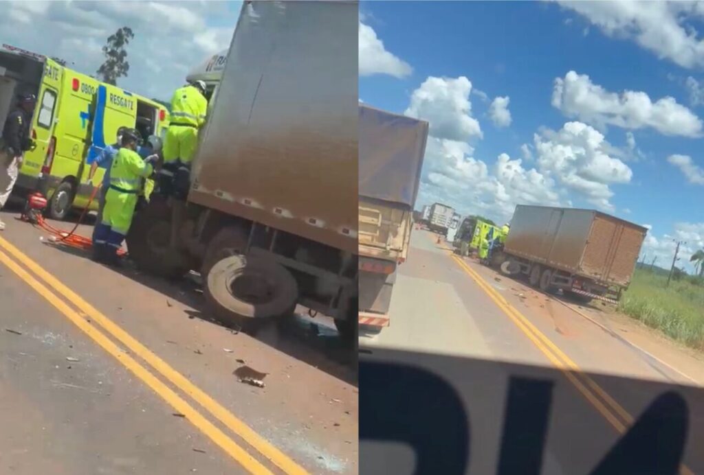 Acidente entre caminhões deixa motoristas feridos e preso nas ferragens na BR-163 em Sorriso; veja vídeo